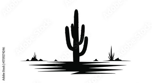 Solitary saguaro cactus silhouette against a bright, minimalist desert landscape.