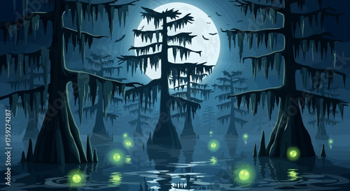 Eerie swamp scene with a full moon, spooky bats flying, and glowing will-o'-the-wisps illuminating dark, gnarled cypress trees at night