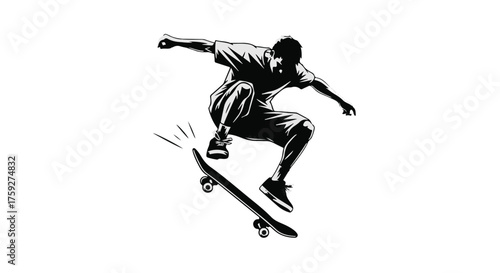 Dynamic skater performing an aerial trick on a skateboard, captured in mid-air.