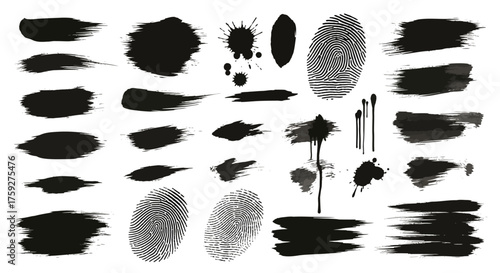 Collection of Black Ink Splatters Brush Strokes and Fingerprint Illustrations for Creative Design Projects