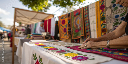 Fototapeta Naklejka Na Ścianę i Meble -  Street vendor arranging handcrafted textiles at open air market suitable for mexican craftsmanship projects cultural heritage visuals traditional design templates and artisanal product branding