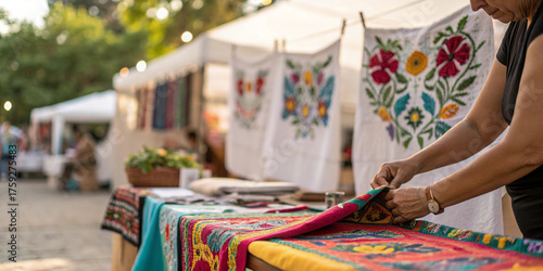 Fototapeta Naklejka Na Ścianę i Meble -  Street vendor arranging handcrafted textiles at open air market suitable for mexican craftsmanship projects cultural heritage visuals traditional design templates and artisanal product branding