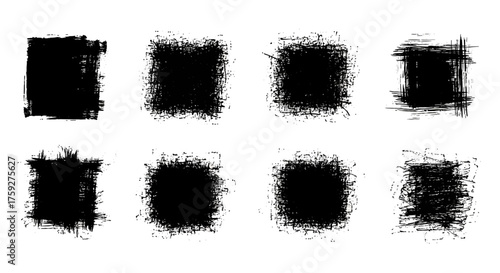 Eight Textured Black Square Brush Strokes Isolated on a White Background Abstract Grunge Design Elements