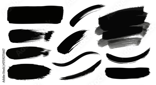 Collection of diverse black brush stroke elements for graphic design and artistic projects providing abstract textures and dynamic lines for creative applications