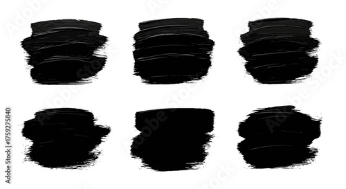 Six Abstract Brush Strokes Of Thick Black Paint Displayed In Two Rows Against A White Background