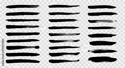 A Collection of Diverse Black Brush Strokes and Paint Smears on a Transparent Background Representing Artistic Tools