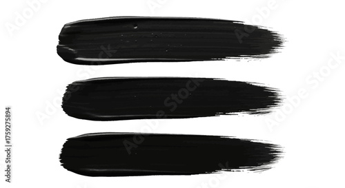 Three Black Paint Strokes Showing Brush Texture on White Background