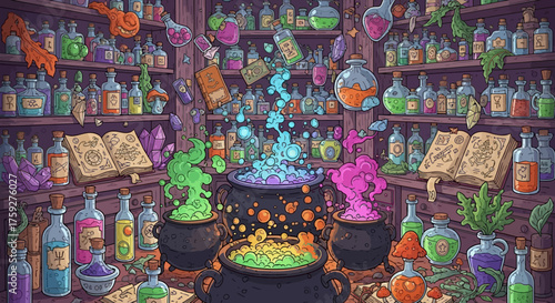 Enchanting alchemist's workshop brimming with bubbling potions, ancient spellbooks, and mystical crystals, ready for magical creation.