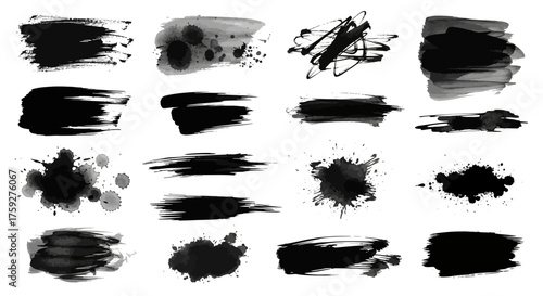 Collection of expressive black ink brush strokes and splatters for artistic backgrounds and designs