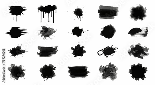 Collection of Black Ink Splatters and Brush Strokes for Artistic Designs and Graphic Projects