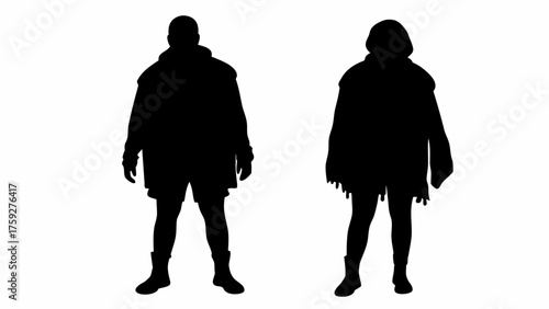 Silhouette of two figures wearing rugged clothing for adventure or survival concept