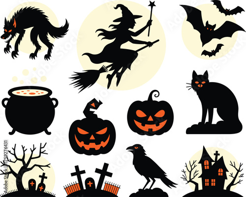Collection of black silhouette halloween elements including monsters, witches, bats, pumpkins, and a haunted house