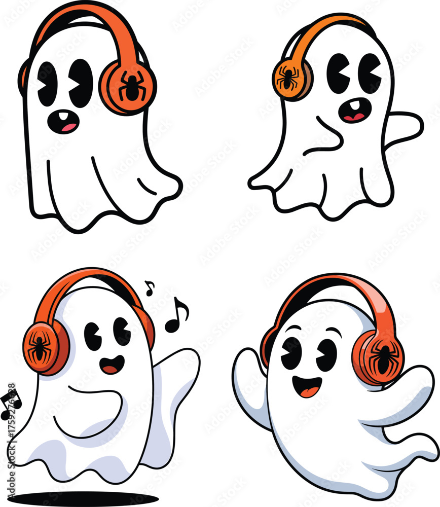 Obraz premium Cute Cartoon Ghost with Spider Headphones Halloween Set White Spirit Wearing Orange Earphones Fun Character Collection