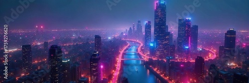 Breathtaking Futuristic Cityscape at Night Vibrant Holographic Lights Illuminate Sleek Architecture, Creating a Dynamic and Otherworldly Scene