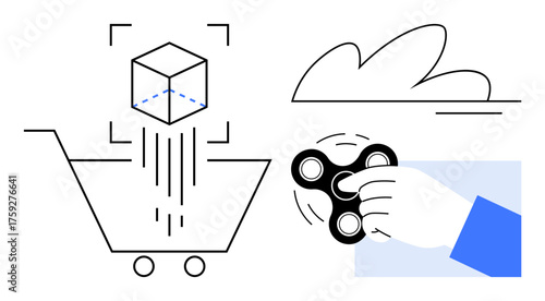 Shopping cart with digital 3D cube dropping in, hand holding fidget spinner, cloud in background. Ideal for e-commerce, innovation, creativity, technology, multitasking, stress relief simple flat