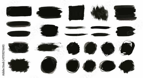 Collection of Various Black Paint Brush Strokes and Ink Splatters and Textures on a White Background