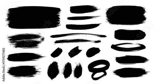 Collection of black brush stroke elements for design purposes with varied shapes and textures suitable for creative projects