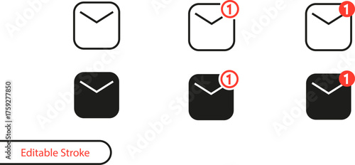 Email Notification Icon Set, Isolated Envelope Symbols, Outline and Filled Styles, Editable Stroke Vector Illustration