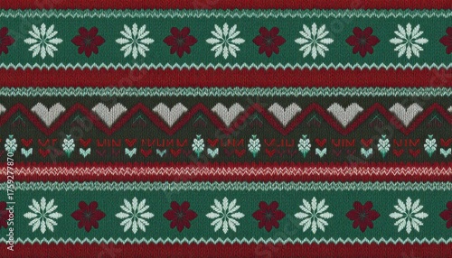 Warm cozy Christmas pixel pattern, knitted style with red, white, and green stitches, snowflakes and hearts, repeating texture