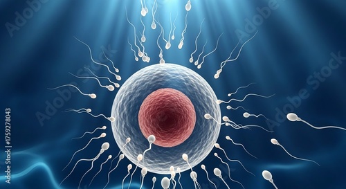 Microscopic view of sperm cells surrounding a human egg cell during fertilization process