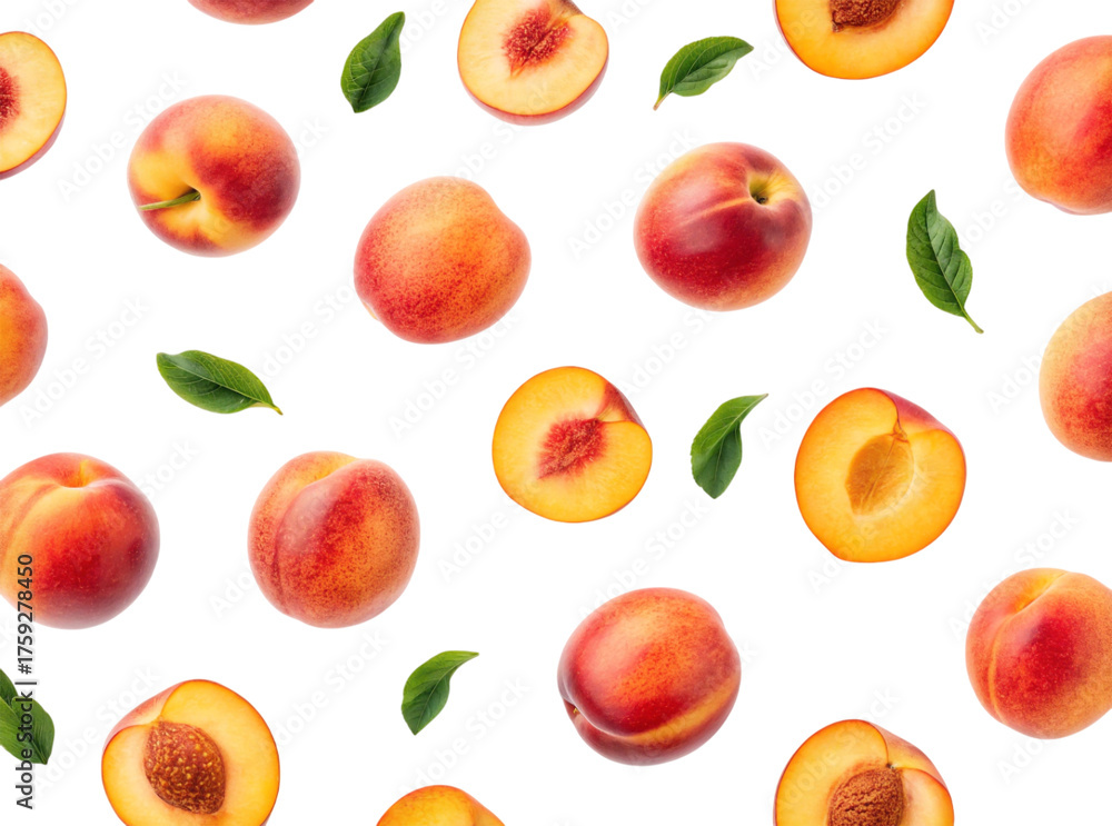 Naklejka premium peach fruit, summer fruit, organic food, juicy peaches, healthy fruit, fruit background, sweet peach, ripe fruit, tropical pattern, fresh produce