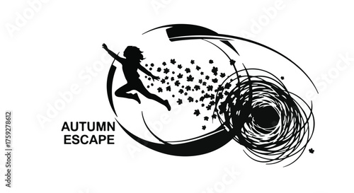 Joyful silhouette leaps into swirling autumn leaves, symbolizing freedom and new beginnings.