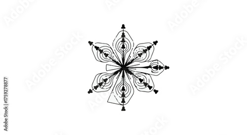 Intricate symmetrical snowflake design with delicate, flowing lines and sharp points.