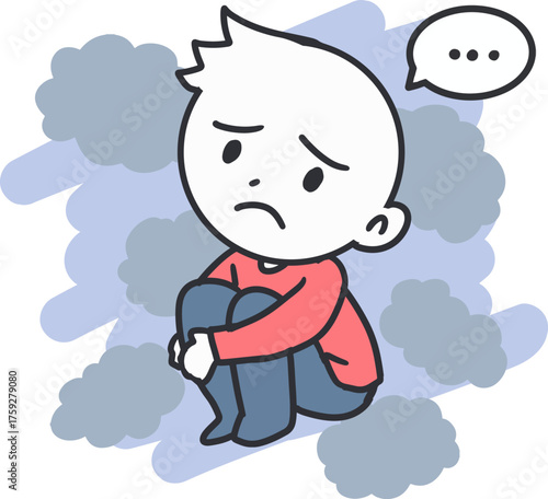 Anxious Boy Sitting in Dark Mood Vector Cartoon. Emotional vector illustration representing sadness, worry, and inner struggle with a boy sitting alone in dark atmosphere