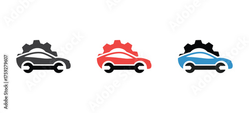 Car repair service logo featuring speed car, gear, and wrench icons, representing engine fix, restoration, and garage repair services