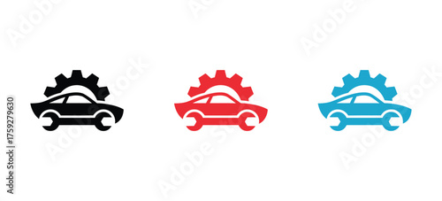 Car repair service logo featuring speed car, gear, and wrench icons, representing engine fix, restoration, and garage repair services