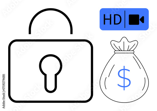 Padlock, money bag, and HD video camera icon convey safety, surveillance, wealth protection. Ideal for security, finance, technology, surveillance crime prevention investment digital privacy