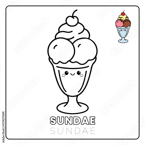 Ice Cream Sundae Cute Dessert Food Children coloring page