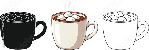 Set of hot chocolate mugs with marshmallows in silhouette, color, and outline styles