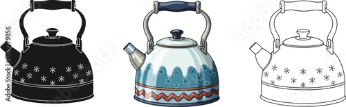 Set of teapots in silhouette, color, and outline styles