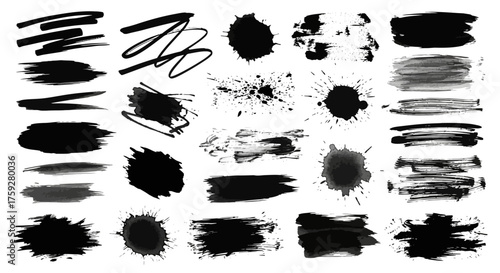 Collection of Various Artistic Black Paint Brush Strokes and Splatter Textures for Creative Design Projects