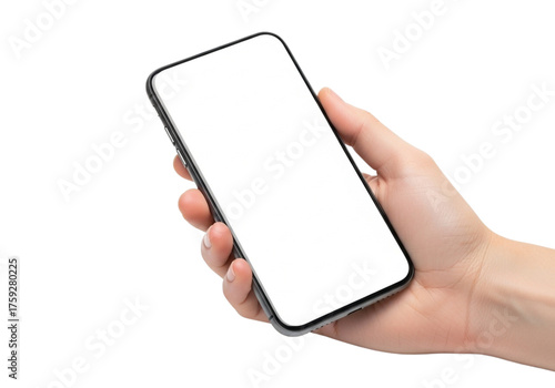 Modern cellphone mockup in hand for app promotion or UI design, blank screen for easy customization. no background