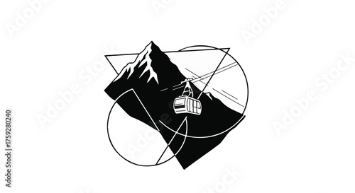 Stylized mountain peak with a gondola lift ascending against geometric lines and abstract shapes