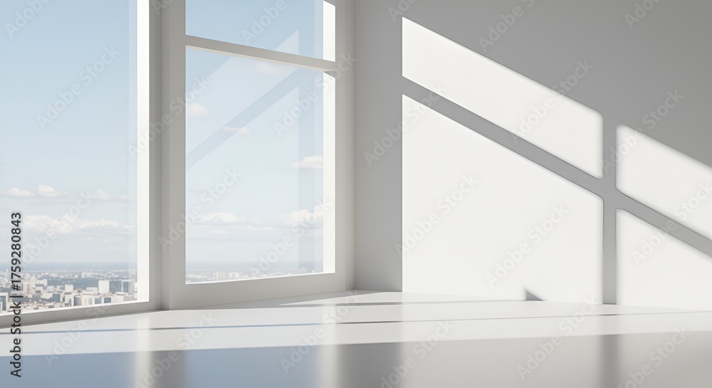 Fototapeta premium Minimalist white room interior with large windows offering a city view and bright sunlight.