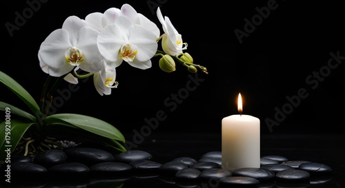 Illuminated candle and delicate white orchid against a stark black background offers tranquility.