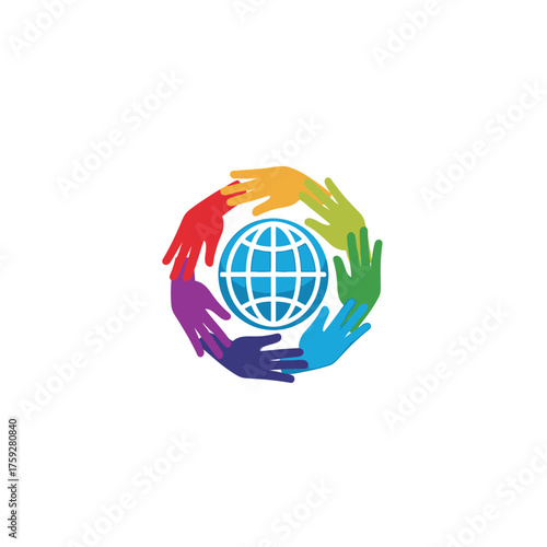 Colorful Hands in a Circle Around the Planet Earth Globe.