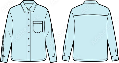 Men’s long sleeve button-down shirt flat sketch, light blue casual fashion vector CAD drawing with collar and chest pocket design