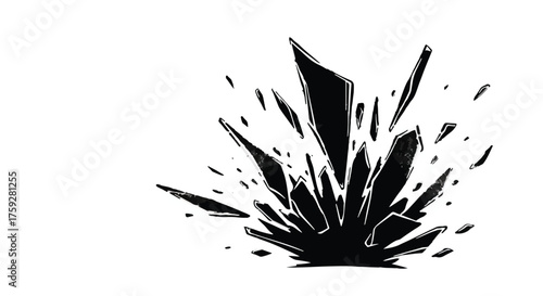 Abstract explosion of sharp, black shards against a white background, symbolizing impact or destruction.