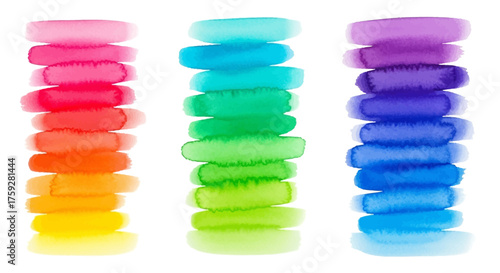 Three vibrant watercolor paint swatches stacked in rows showcasing a spectrum of bright and bold colors from pink and orange to green and blue