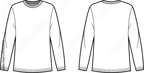 Crew neck sweater flat sketch, CAD fashion vector template, long sleeve pullover design, front and back technical drawing pattern