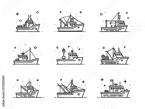 Fishing Trawler Line Art Ocean Adventure