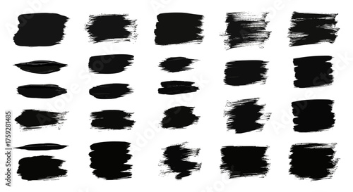 Collection of Diverse Black Brush Strokes and Paint Smears for Artistic Design and Grunge Effects