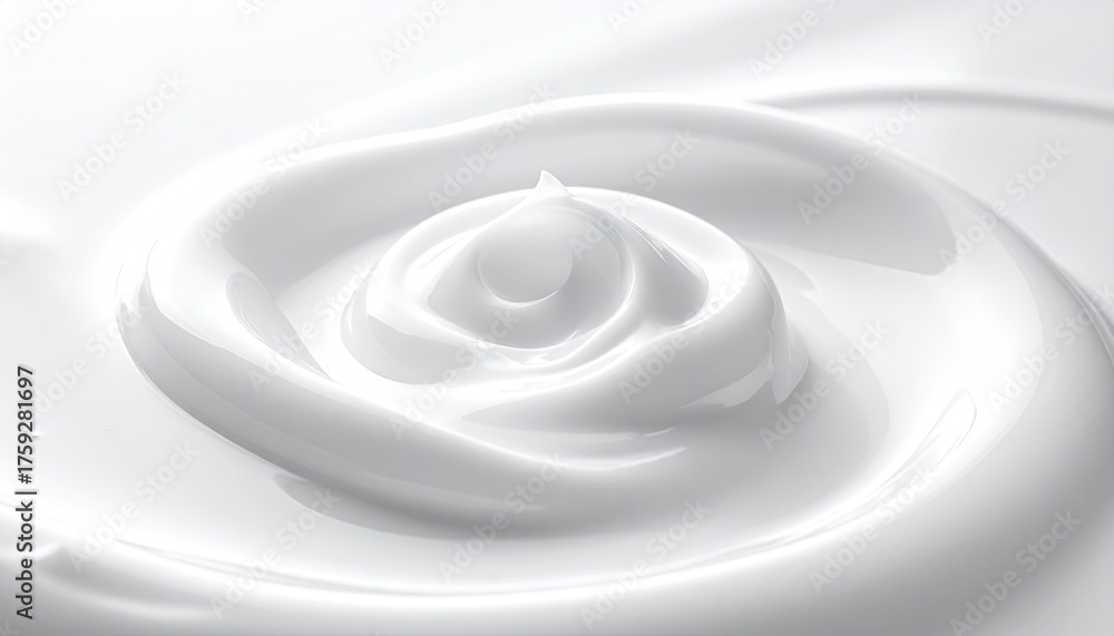 Obraz premium Close-up top-down view of thick white cream swirl with smooth glossy texture and soft shadows on a bright white background, luxurious dairy product detail, food photography