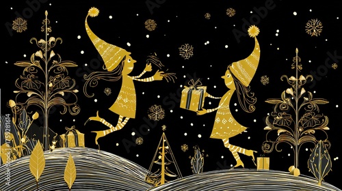 Luxurious Black and Gold Christmas Tree Background Image—Adorned with Shiny Gold Ornaments, Glittering Accents, and Elegant Details, Perfect for Holiday Cards, Festive Decor, Branding
