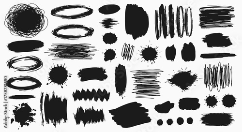 Collection of Abstract Black Ink Brush Strokes and Splatters for Artistic Design Elements