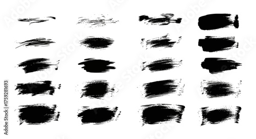Collection of Black Grunge Brush Strokes and Splatters on White Background Artistic Textured Elements for Design Projects and Creative Applications